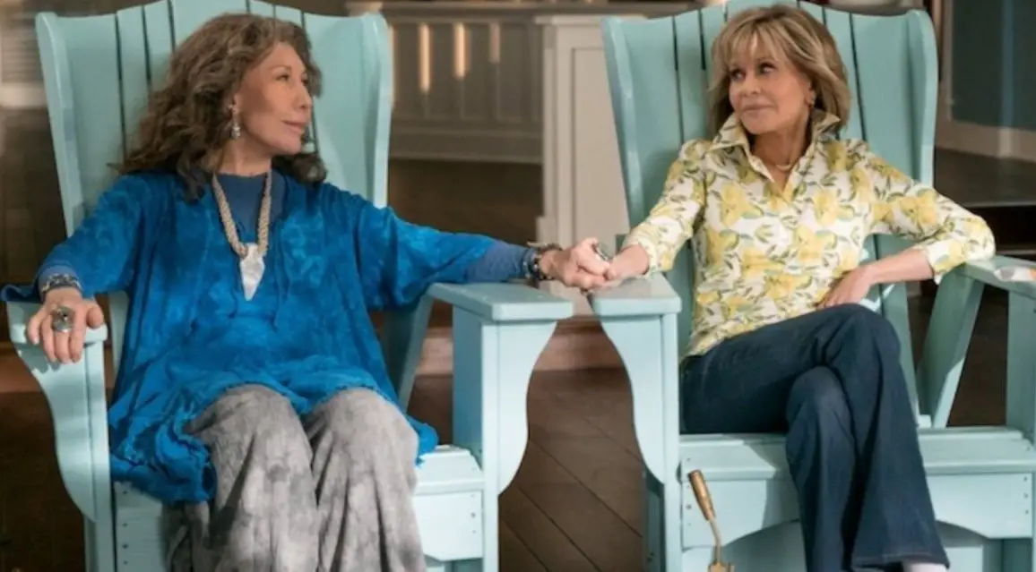 Grace and Frankie ~ Season 6 on Netflix CA, starts Jan 16th. There are many other 'couples' in the show, but the only sexual affection is between two OLD white men.